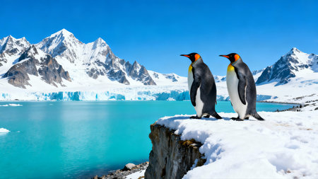 Antarctic penguins on a rock with mountain in the backgroundの素材