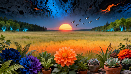Fantasy landscape with dahlias and sun in the sky.の素材