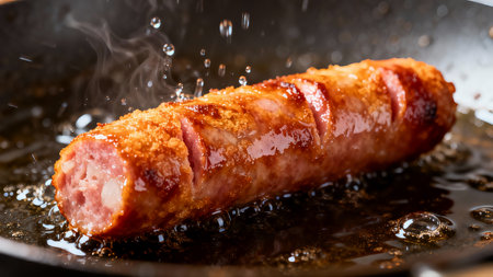 Fried sausage in a frying pan on a black background. Close-upの素材