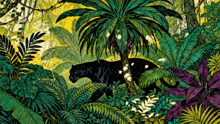 Panther in jungle. Hand drawn illustration. Jungle background.の素材