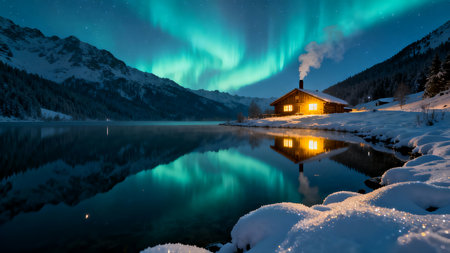 Aurora borealis in the night sky over the lake in winterの素材