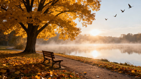 Autumn landscape with a lake and a bench on a foggy morningの素材