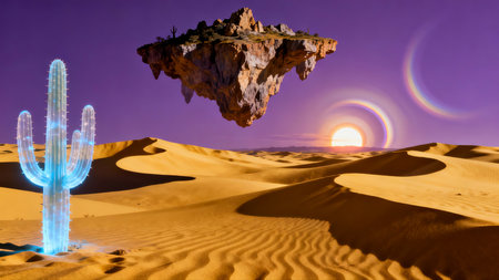 Desert landscape with cactus and sand dunes at sunset.の素材