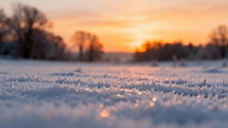 Frost on the grass at sunset. Beautiful winter landscape with trees.の素材