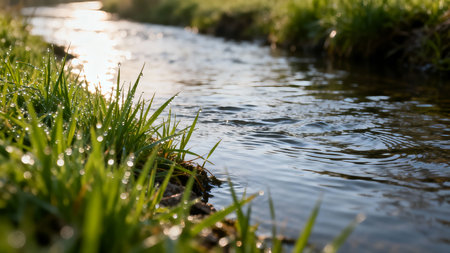 Water drops on the green grass in the meadow at sunset.の素材
