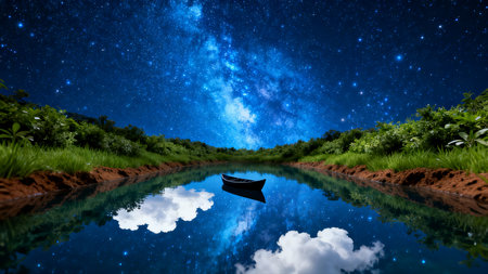 Milky way and boat in the green field with reflection on waterの素材
