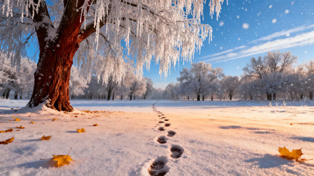 Winter landscape with snow covered trees and footprints in the snow at sunsetの素材