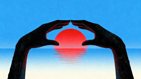 Hands holding a red sun in the sky with water reflection.の素材