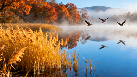 Autumn landscape with fog on the lake and geese flying over itの素材