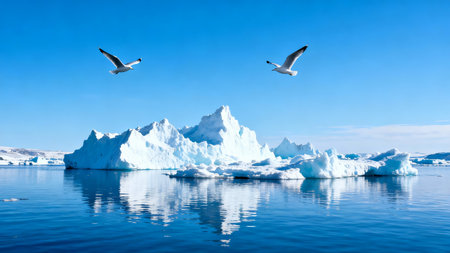 Antarctic landscape with icebergs and flying seagullsの素材