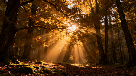 Autumn forest with sun rays shining through tree trunks and leavesの素材