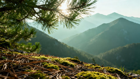 Mossy pine tree on the top of the mountain in the morningの素材