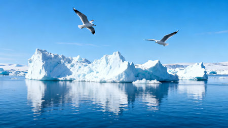 Antarctic landscape with icebergs and seagulls.の素材