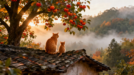 Two cats sit on the roof of the house against the background of the autumn forestの素材