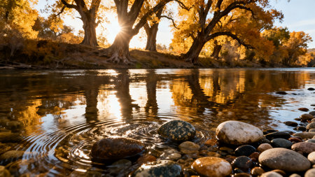 Autumn trees reflected in the water of a river with reflection of the sunの素材