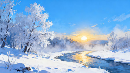 Winter landscape with snow covered trees, river and blue sky at sunsetの素材