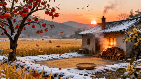 Beautiful landscape of rice field with old house in winter season.の素材