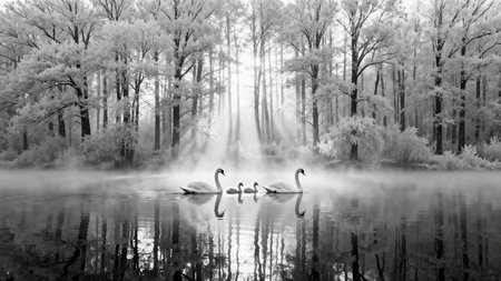 Beautiful winter landscape with swans on the lake. Black and white photo.の素材