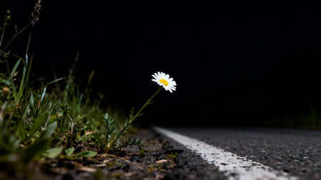 White daisy on the road at night with a dark background.の素材