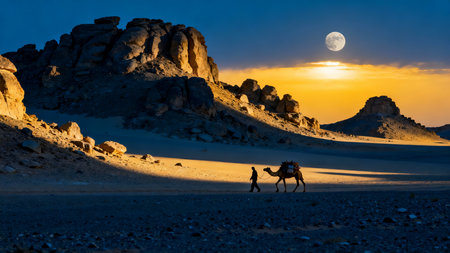 Couple of camels in the Sahara desert at sunset, Moroccoの素材