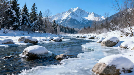 Beautiful winter landscape with mountain river and snow-capped peaksの素材
