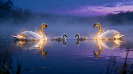Swans on the lake in the mist at sunrise. The mute swan, Cygnus olorの素材