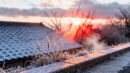 Frost on the roof of the house at sunset. Beautiful winter landscape.の素材