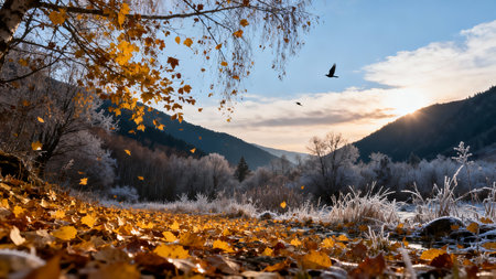 Autumn landscape with yellow leaves and hoarfrost in the mountainsの素材