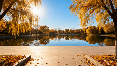 Autumn landscape with lake and trees in the park on a sunny dayの素材