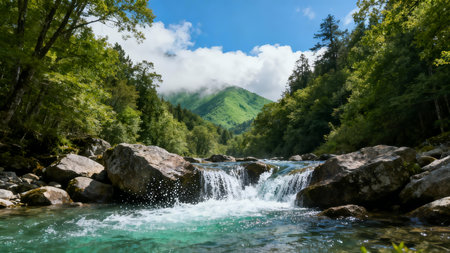 Beautiful mountain river with clear water and green forest on the backgroundの素材