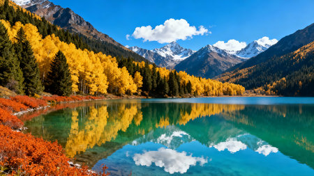 Beautiful autumn landscape with colorful alpine lake and snowcapped mountainsの素材