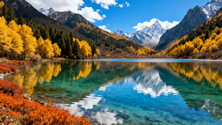 Autumn alpine lake in Yading national level reserve, Daocheng County, Sichuan Province, Chinaの素材