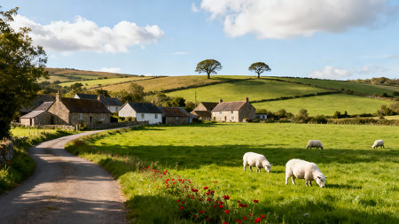 Sheep grazing in the countryside of Cumbria, England.の素材