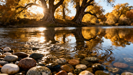 Autumn landscape with river and old oak trees reflected in water.の素材