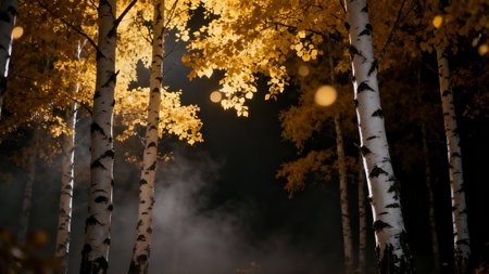 birch forest at night with fog and golden leaves in autumnの素材