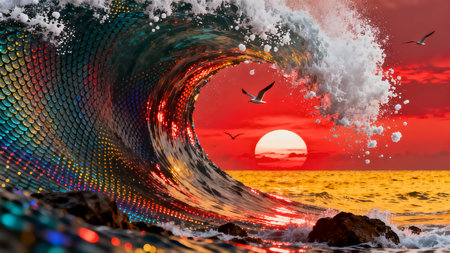 Surf wave at sunset. 3d rendering. Computer digital drawing.の素材
