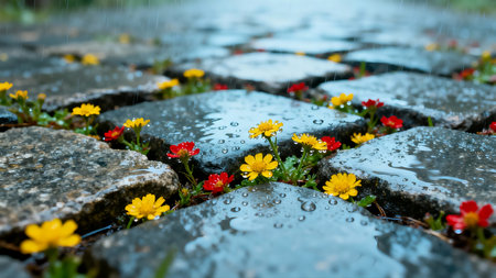 Raindrops on stone pavement with small flowers in a rainy day.の素材