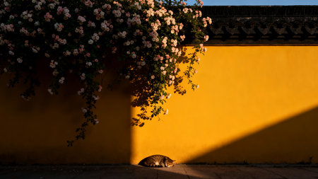 The shadow of a cat in front of a yellow wall with flowersの素材