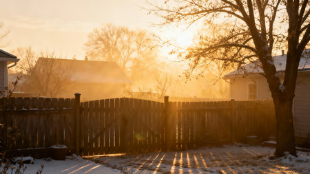 Sunset in the village. Winter landscape with a wooden fence.の素材