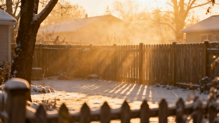 fence in the snow in the rays of the sun at sunsetの素材