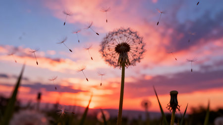 Dandelion seeds on the meadow at sunset. Nature backgroundの素材