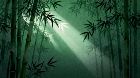 Green bamboo forest background with rays of light coming through the branches.の素材