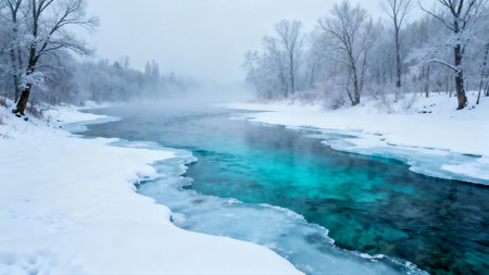 Foggy winter landscape with frozen river and trees in the snowの素材