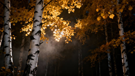 birch forest at night with fog and sunbeams in autumnの素材