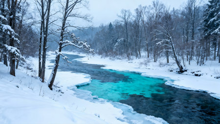 Beautiful winter landscape with snow covered trees and river in south koreaの素材