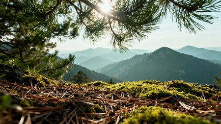 Moss on the top of the mountain in the rays of the sunの素材