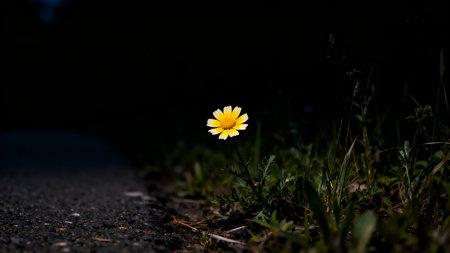 Yellow daisy on the side of a road with a dark backgroundの素材