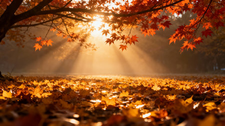 Autumn leaves in the park with sunbeams and lens flareの素材
