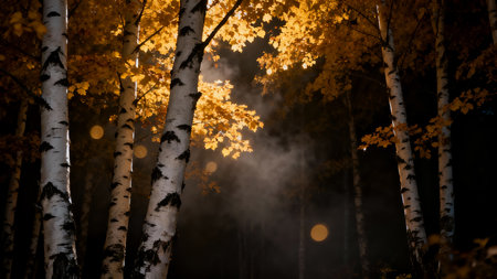 birch forest in autumn at night with fog and sun raysの素材