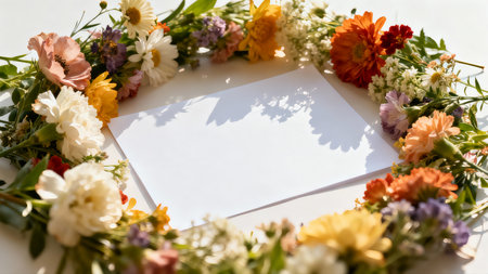 Flowers and blank card with copy space on white background. Flat lay.の素材